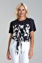 Women's Tied Printed Viscose Combination Lycra Knitted Fabric Crew Neck Tshirt Black-Black Print - 2