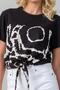 Women's Tied Printed Viscose Combination Lycra Knitted Fabric Crew Neck Tshirt Black - 6