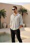 Button Collar Black Half Sleeve Oversize Striped Tshirt - 8