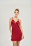 Women's Viscose Fabric Adjustable Rope Strap V-Neck Lace Detailed Nightgown - Claret Red - 2