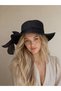 Women's Black Straw Hat with Ribbon and Black Ribbon Bow Detail Summer Beach Hat - 6