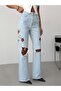 Embroidered detail, ripped hem, wide leg, high-waisted jeans - 2
