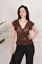 Flock Printed Waist-Tied Zero-Sleeve Brown Blouse - 3