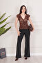 Flock Printed Waist-Tied Zero-Sleeve Brown Blouse - 2