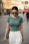 Women's petrol green bicycle collar lycra short sleeve body crop blouse - 2