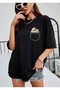 Women's Daisy and Mushroom Printed T-Shirt with Pocket Look, 100% Cotton, Oversize