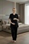 Women's Black Floral Patterned Lace 3-Piece Maternity Pajama Set with Dressing Gown - 2