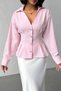 Women's Candy Pink Waist-Slit Shirt with Pleated Detail and Stylish Buttons V-Neck Shirt
