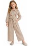Girl's Button Detailed Shirt with Ruffle-Lined Linen Trousers in Light Brown Color Set