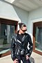 Women's Belt Detailed Double-Breasted Black Leather Jacket - 3