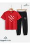 Written 3-Heart Printed T-Shirt and Sweatpants (with Pocket on the Bottom of the Sweatpants) Children's Top and Bottom Set
