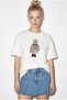 Women's White Dog Embroidered Stone Embroidered Relaxed Fit 100% Cotton T-Shirt 1077 60286067 - 4