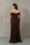 Women's Brown Boat Neck Lace Detail Long Evening Dress - 6