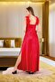 The Sparkle of Red Passion: Satin Nightgown & Robe Set with Feather Detail - 3