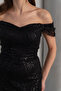 Women's Black Boat Neck Beaded Long Evening Dress - 5