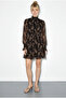 Women's Brown Patterned Gipeli Collar and Sleeve Detail Belted Lined Mini Chiffon Dress 0933 60283947