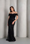 Women's Black Boat Neck Beaded Long Evening Dress