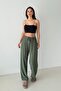 Women's Khaki Wide-Leg Draped Woven Trousers - 2