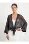 Women's Anthracite Italian Tie-Front Bat Sleeve Silk Bolero Blouse Size 38 - 42