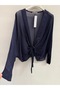 Women's Navy Blue Italian Tie-Front Bat Sleeve Silk Bolero Blouse 38 - 42 Size - 4