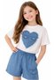 Girl's Heart Patterned Front Cover Pocket Model T-Shirt and Denim Shorts Two-Piece Set - 2