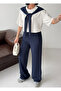 Women's Navy Blue Scarf Detailed T-Shirt and Pants Top and Bottom Set - 2