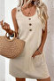 Women's Round Neck Front Buttoned Mini Dress with Pockets - 2
