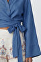 Indigo Wide Cuff Sleeve Detailed Tie-Front Linen Shirt Alc-X15424 - 4