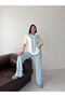 Women's Blue Scarf Detailed T-Shirt and Pants Top and Bottom Set - 7