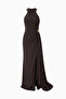 Women's Brown Halter Neck Accessory Detail Long Evening Dress - 7