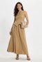 Women's slim fit 100% cotton v-neck double pocket beige skirt vest set - 4