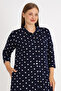Women's Plus Size Navy Blue Polka Dot Buttoned Pocketed Three-Quarter Sleeve Cotton Dress - 4