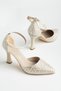 Women's Gold Semi-Closed Pearl Motif High Heel Stiletto