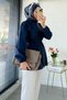 Hakim Collar Ribbed Detailed Poplin Shirt Tunic - Navy Blue - 4
