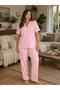 Women's Pink Striped Short Sleeve Buttoned Pajama Set - 2