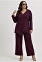 Women's Plus Size Three-Quarter Sleeve Asymmetrical Cut Stone Print Detailed Tracksuit Set 8247-26