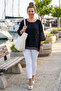 Black Crew Neck 3/4 Sleeve, Sleeve and Hem Mesh Detailed Casual Muslin Oversize Woven Blouse 60 65 - 5