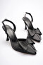Women's Black Bow Satin Heeled Shoes Tr40Ms01A