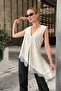 Women's White Asymmetrical Cut Lace Detailed Sleeveless Long Vest - 6