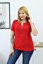 Plus Size Basic T-Shirt with Double Piping Detail at the Collar and Buttons - 6