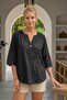 Italian Black Judge Collar Buttoned 3/4 Sleeve Mesh Detailed Perforated Embroidered Cotton Woven Blouse 73 60 - 5