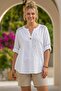 Italian White Judge Collar Buttoned 3/4 Sleeve Mesh Detailed Perforated Embroidered Cotton Woven Blouse 73 60 - 4