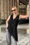 Women's Black Asymmetrical Cut Lace Detailed Sleeveless Long Vest - 4