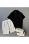 Raporlu Ottoman Fabric Black T-Shirt + White Shorts 2-Piece Top and Bottom Set
