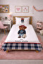 Plaid Sweet Teddy Bear Single Pique Set - Animal Themed Navy Blue Decorative Bedspread with Hat - 2