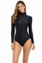 Long Sleeve Zipper Women's Swimsuit - Black Half Zipper Detailed Swimwear