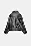 Pb Women's Black Faux Leather Jacket with Stand Collar and Textured Design - 5