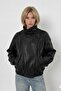 Pb Women's Black Faux Leather Jacket with Stand Collar and Textured Design - 2