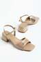 Large Size Women's Short Heeled Sandals with Nude Horizontal Stone Accessories - 3