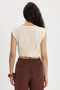 Women's Slim Fit 100% Cotton Pleated Soft Texture Crew Neck Beige Crop Blouse - 7